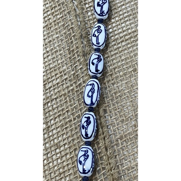 VTG Chinese Export Hand Knotted Painted Blue White Porcelain Bead Bird Necklace - Picture 4 of 8